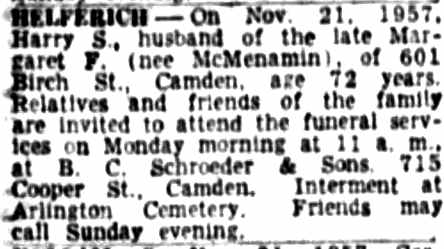 Harry S. Helferich death notice, Camden Courier-Post, November 22, 1957