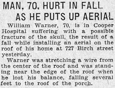 William Warner hurt in fall, Camden Courier-Post, October 20, 1931