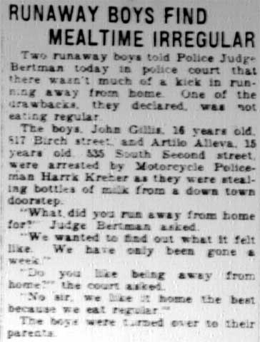 Runaway boys caught stealing milk, Camden Courier-Post, February 20, 1928