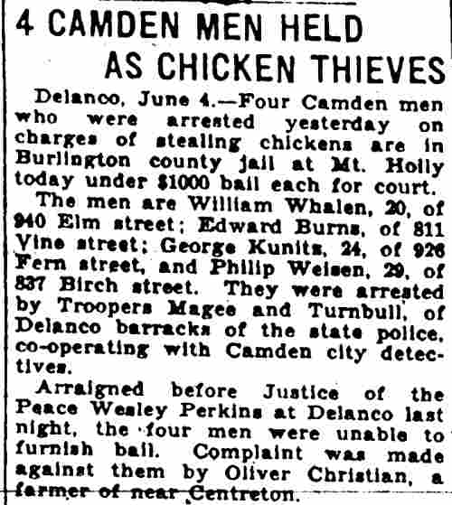 4 Camden men held as chicken thieves, Camden Courier-Post, June 4, 1930