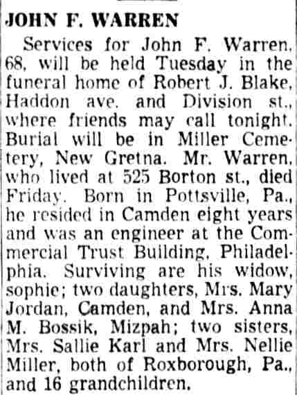 John F. Warren obituary — 525 Borton Street, Camden Courier-Post, June 23, 1952