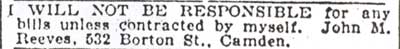 Legal notice — John M. Reeves, 532 Borton Street, Camden Courier-Post, February 22, 1927