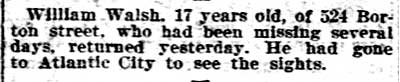William Walsh missing from 524 Borton Street — Philadelphia Inquirer, May 16, 1906