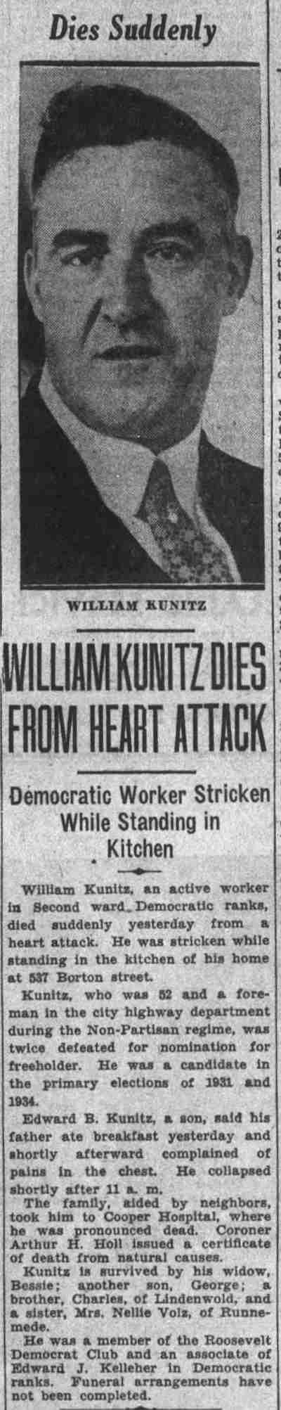 William Kunitz Dies From Heart Attack — 537 Borton Street, Camden Courier-Post, October 15, 1934