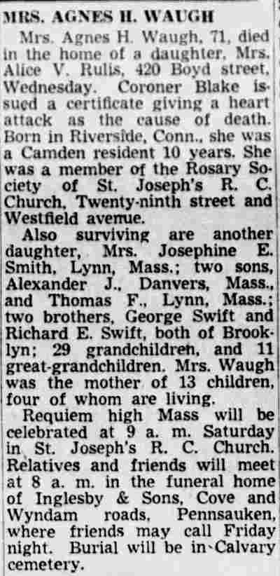 Mrs. Agnes H. Waugh obituary — 420 Boyd Street, Camden Courier-Post, November 17, 1949