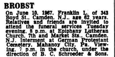 Death notice — Franklin L. Brobst, 343 Boyd Street, Camden Courier-Post, June 13, 1967