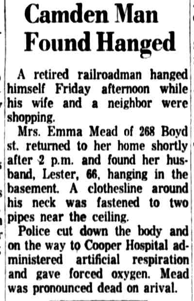 Camden Man Found Hanged — Lester Mead, 268 Boyd Street, Camden Courier-Post, January 12, 1963