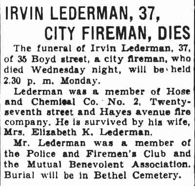 Irvin Lederman, 37, City Fireman, Dies — 35 Boyd Street, Camden Courier-Post, October 20, 1933