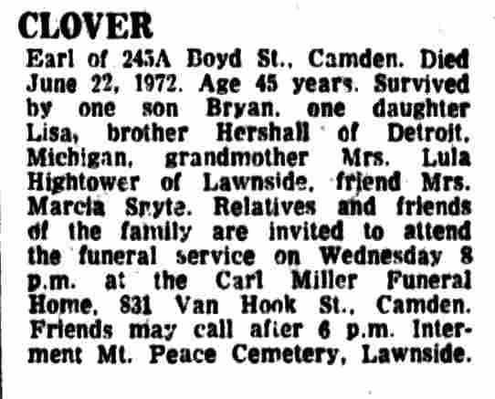 Death notice — Earl Clover, 345A Boyd Street, Camden Courier-Post, June 26, 1972