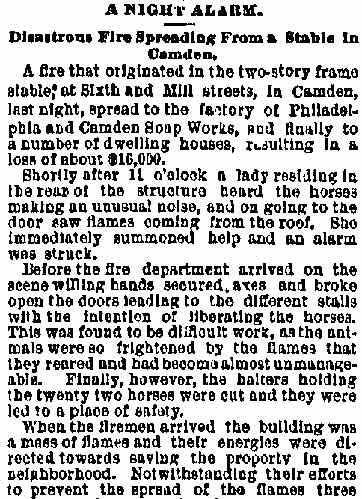 Philadelphia Inquirer, April 14, 1887 — A Night Alarm, page 1: Camden & Philadelphia Soap Works fire