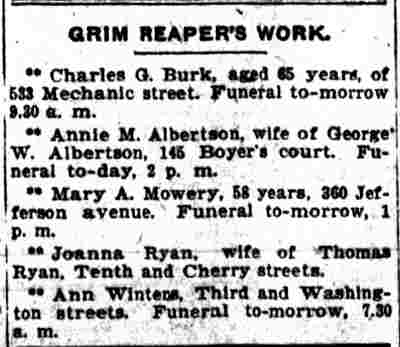 Camden Post-Telegram, June 25, 1902 — Grim Reaper's Work, including Mary A. Mowery of Jefferson Avenue