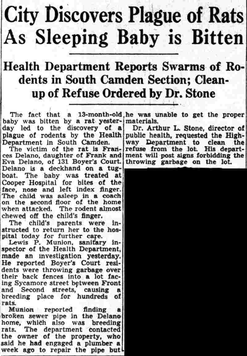 City Discovers Plague of Rats As Sleeping Baby Is Bitten — Camden Evening Courier, October 28, 1941