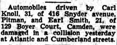 Automobile collision at Atlantic and Cumberland streets — Camden Courier-Post, June 4, 1942 (Earl Smith of 129 Boyer Court)