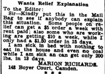 Letter to editor from Marion Richards of 148 Boyer Court — Camden Courier-Post, November 21, 1934