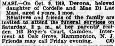 Death notice for Derona Masi of 143 Boyer's Court — Camden Post-Telegram, October 9, 1919