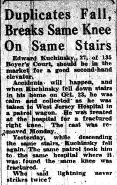 Duplicates Fall, Breaks Same Knee On Same Stairs — Camden Courier-Post, December 3, 1941