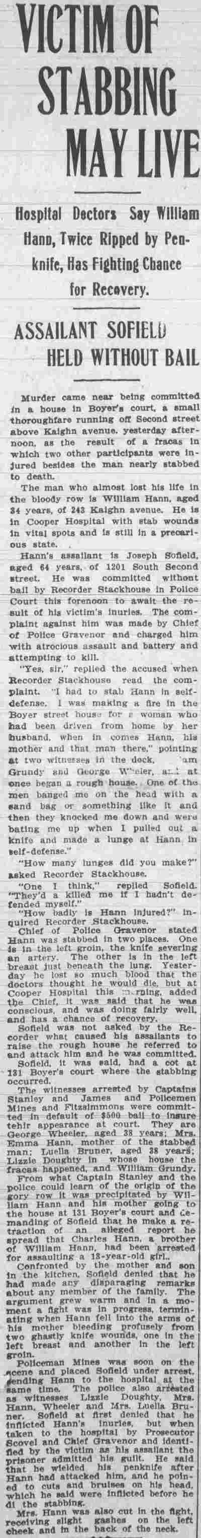 Victim of Stabbing May Live — Camden Post-Telegram, September 20, 1909