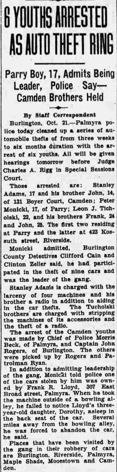 6 Youths Arrested as Auto Theft Ring — Camden Courier-Post, October 22, 1931