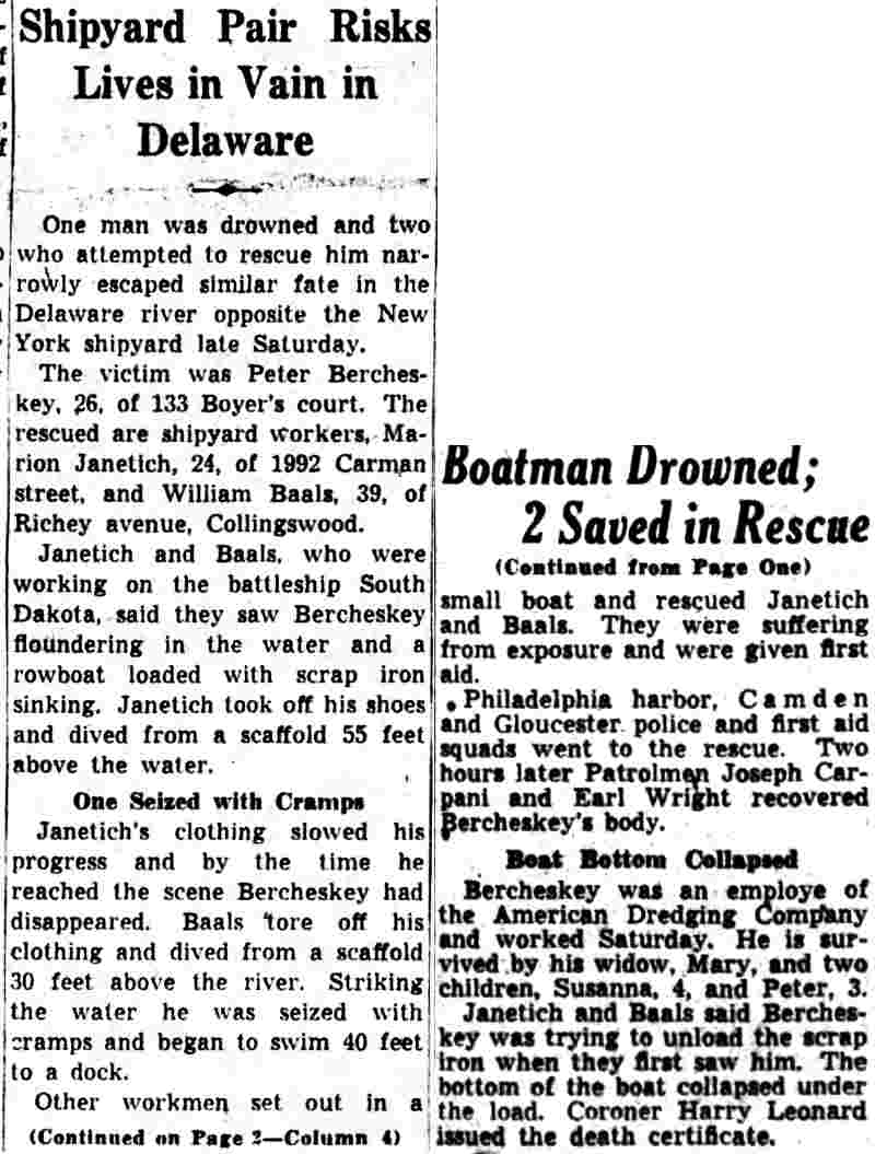 Shipyard Pair Risks Lives in Vain in Delaware — Camden Courier-Post, November 4, 1940