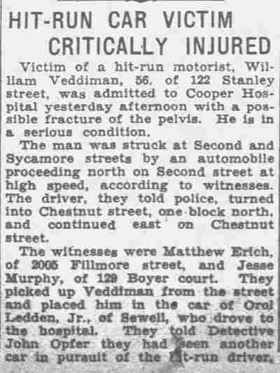 Hit-Run Car Victim Critically Injured — Camden Courier-Post, February 21, 1935 (Jesse Murphy of 129 Boyer Court, witness; Detective John Opfer)