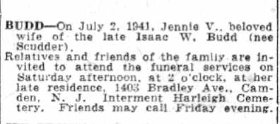 BUDD — Jennie V. Budd obituary, Camden Courier-Post, July 4, 1941