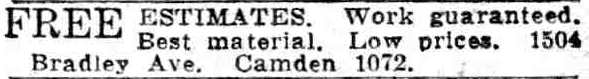 Free Estimates classified ad, 1504 Bradley Ave., Camden Courier-Post, June 10, 1932