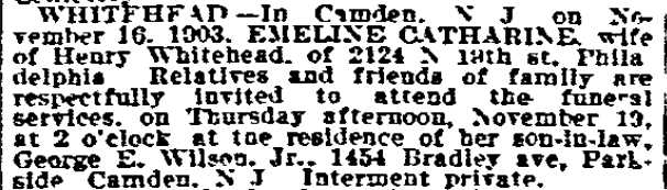 WHITEHEAD — Emeline Catharine Whitehead obituary, Philadelphia Inquirer, November 16, 1903