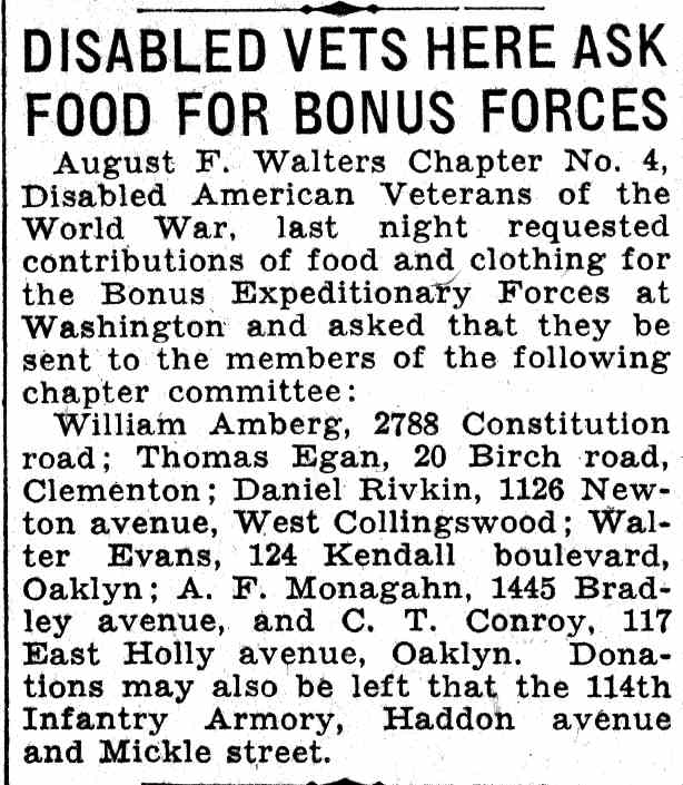 Disabled Vets Here Ask Food for Bonus Forces, Camden Courier-Post, June 18, 1932