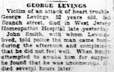 George Levings obituary, 505 Branch Street — Camden Courier-Post, January 5, 1928