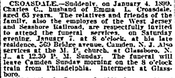 Death Notice — Croasdale — Philadelphia Inquirer, January 6, 1899