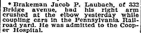 Brakeman Injured at Cooper Hospital — Philadelphia Inquirer, January 22, 1897