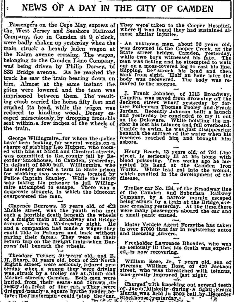 News of a Day in the City of Camden — Philadelphia Inquirer, July 27, 1906