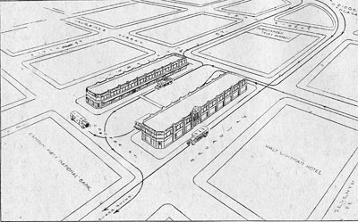 Architect's conception of the proposed bus terminal at 201–217 North Broadway — The Terminal Block, 1931