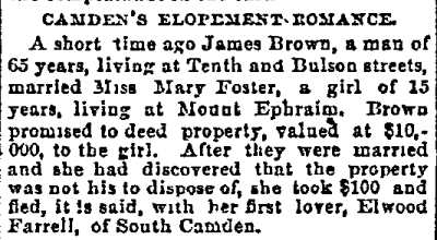 Philadelphia Inquirer article Camden's Elopement Romance — James Brown at Tenth and Bulson Streets, July 18, 1891
