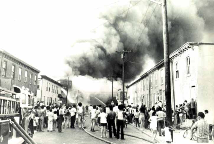Poet's Row fire, August 23, 1972 — view looking east on Byron Street, fire started in John R. Evans Co. factory