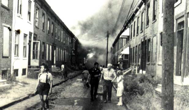Poet's Row fire, 1972 — houses on the North 2nd Street end already ablaze, seen from North 3rd Street