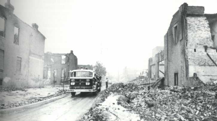 Engine Company 3 in the devastation of Poet's Row, 1972