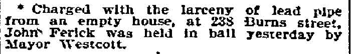 Lead Pipe Larceny at 238 Burns Street, Philadelphia Inquirer, January 10, 1897
