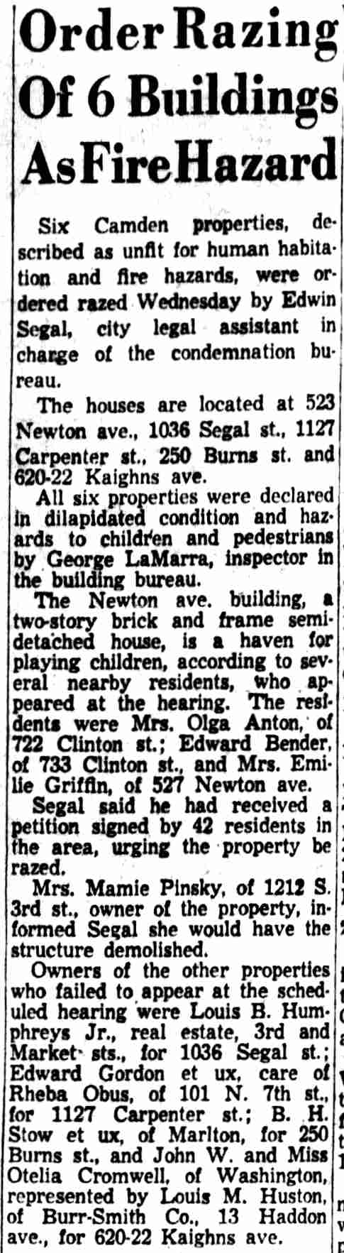 Order Razing Of 6 Buildings As Fire Hazard, Camden Courier-Post, April 26, 1956