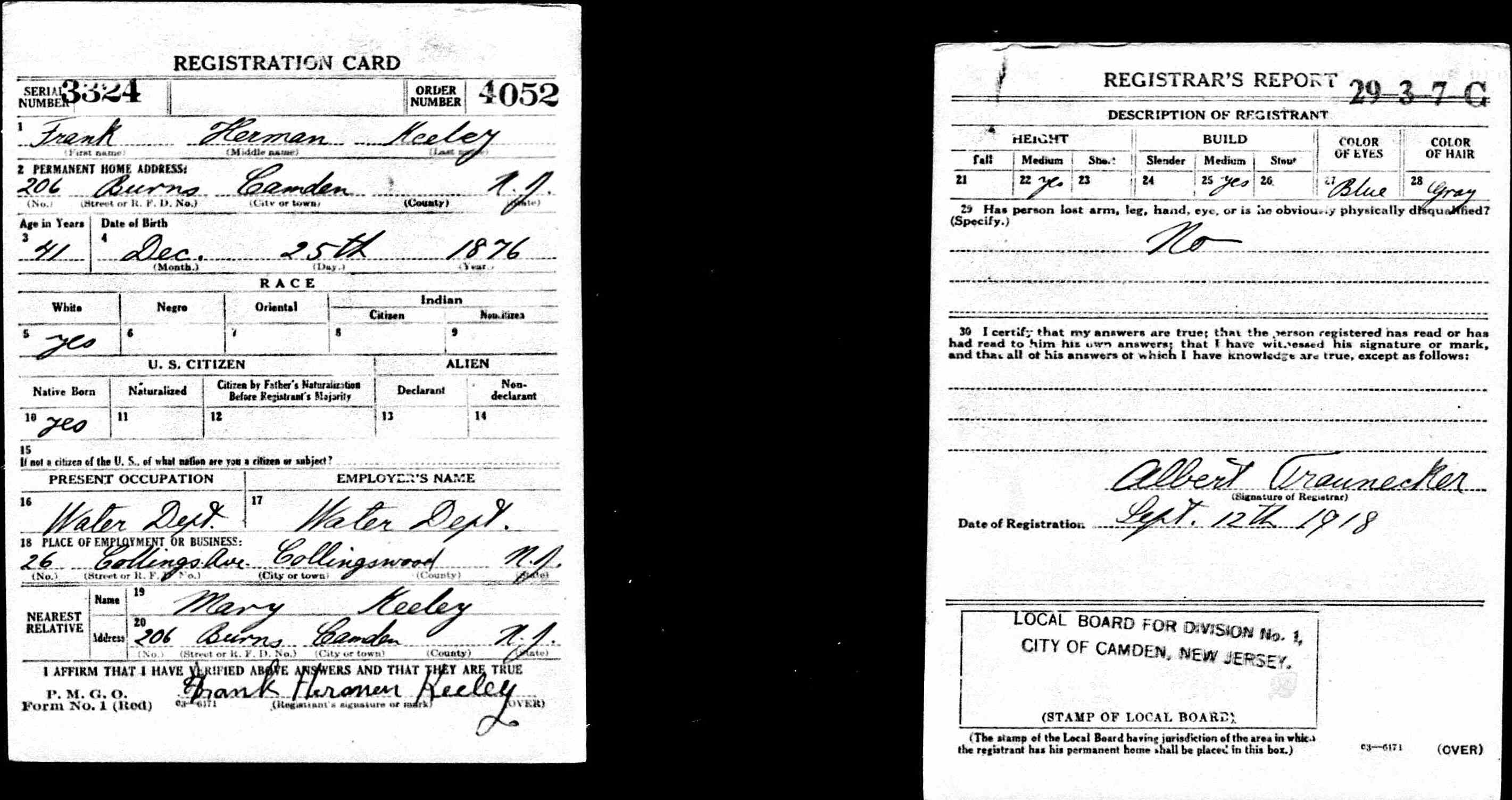 World War I draft registration card for Frank Herman Keeley of 206 Burns Street, Camden