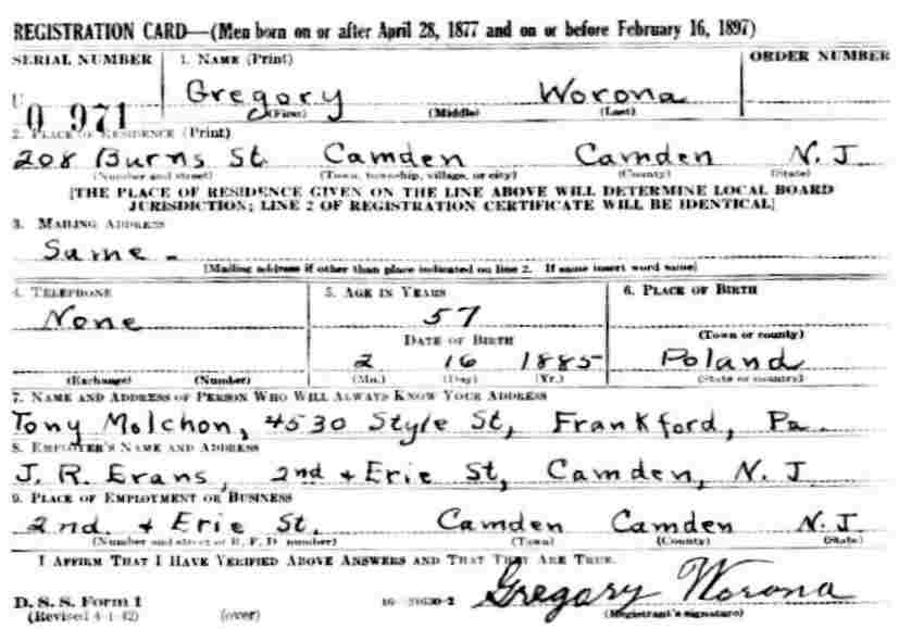 World War II draft registration card for Gregory Worona of 208 Burns Street, Camden