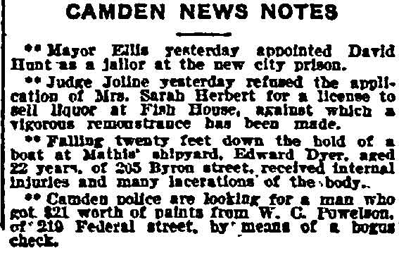 Philadelphia Inquirer, January 30, 1909 — Edward Dyer injured at Mathis shipyard