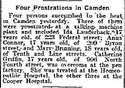 Philadelphia Inquirer, June 24, 1910 — Four heat prostrations in Camden