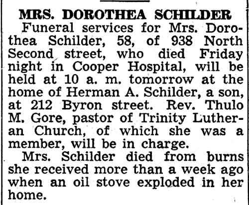 Camden Courier-Post, February 21, 1938 — Funeral notice for Mrs. Dorothea Schilder