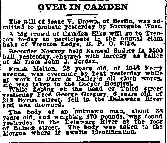Philadelphia Inquirer, August 23, 1898 — Fred George Gregory drowned in the Delaware River