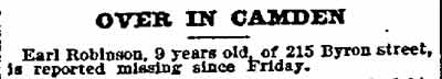 Philadelphia Inquirer, May 14, 1899 — Earl Robinson of 215 Byron Street reported missing