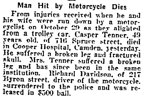 Philadelphia Inquirer, November 26, 1922 — Richard Davidson motorcycle accident, Casper Tenner dies