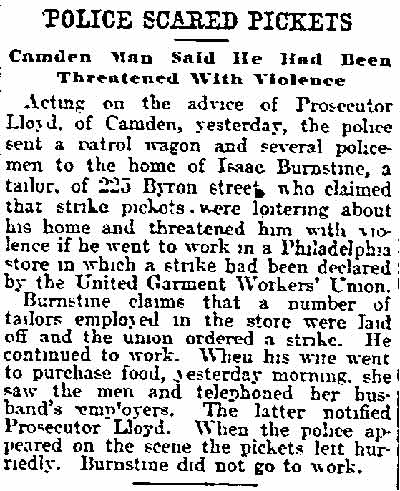 Philadelphia Inquirer, December 29, 1903 — Police Scared Pickets, Isaac Burnstine of 225 Byron Street