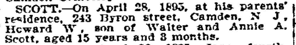 Philadelphia Inquirer, April 29, 1895 — Death notice for Howard W. Scott, 243 Byron Street