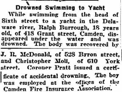Philadelphia Inquirer, June 19, 1919 — Ralph Burrough drowned swimming to yacht in Delaware River
